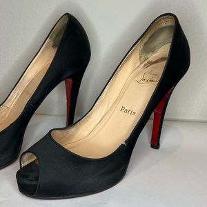 Authentic Christian Louboutin Black Satin Peep Toe Heel Pump